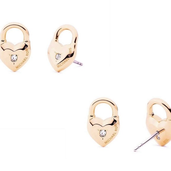 MICHAEL KORS Rose Gold Heart Lock Padlock Pave Stud Earrings NWT - Picture 3 of 6